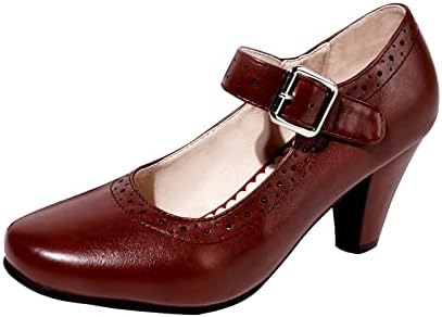 Odetina Women Vintage Mary Jane Heels Pumps Comfort Faux Leather Rockabilly  Buckle Ankle Strap Block Mid Heel Closed Toe Dress Shoes (Brown, 6) :  Amazon.sg: Fashion