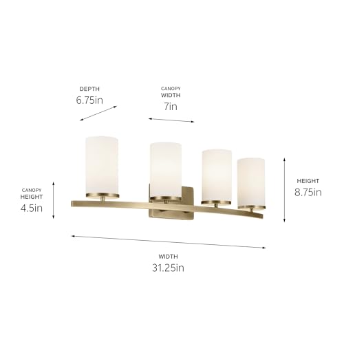 Image of Kichler Crosby 31.25 inch 4-Light Bathroom Vanity Light Fixture with Satin Etched Cased Opal Glass Shade in Natural Brass for Modern Soft Bathrooms (31.25 inch x 8.75 inch), 45498NBR