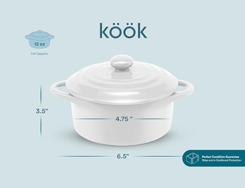 Kook Ceramic Mini Cocotte Set, Small Casserole Dishes with Lids and Handles, Individual Baking Ramekins, Oven safe 500F, Microwave & Dishwasher Safe, Stoneware, 12 oz, Set of 4, (Swiss White)