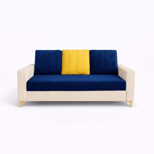 Image of Hakuna Dual Tone Plush Velvet 3 Seater + 2 Seater Sofa Set with 2 Ottoman | Silken Velvet Suede Upholstery | Designer Sofa for Living Room & Office Spaces (Dark Blue & Cream)