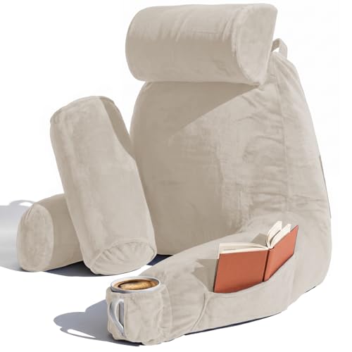 Image of Nestl Reading Pillow with Shredded Memory Foam Includes 2 Neck and Lumber Support Pillows, Designed for Sitting Up in Bed and Couch, Back and Arms Adjustable Support for Adult & Teens, Linen