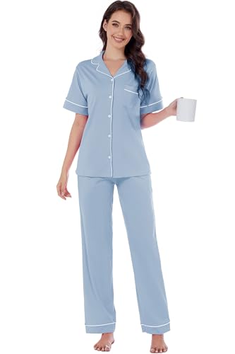 Image of LUBOT 100% Cotton Pajamas for Women Pajama Set Soft 2 Piece Sleepwear PJ Set Long Sleeve Button Knit Cozy Loungewear XS-XXL