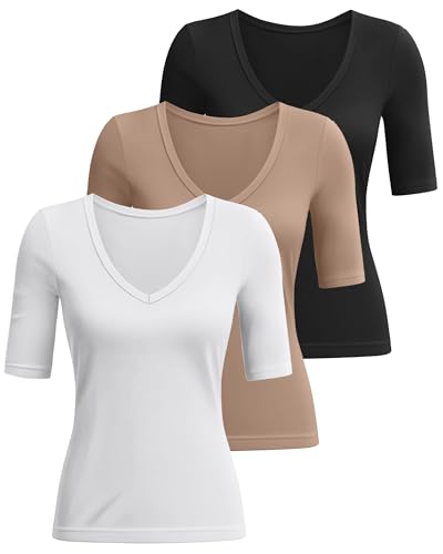 Ficerd 3 Pack Women's Half Sleeve V Neck T Shirts, Cotton Elbow Length Sleeve Shirt Slim Fit Tunic Top Casual Summer Tee2