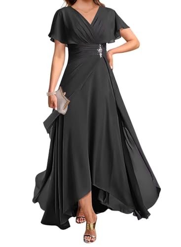 V Neck Chiffon Mother of The Bride Dress with Short Sleeve for Women Long Formal Party Dress