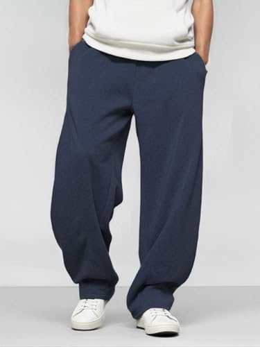 Image of Men's Baggy Sweatpants with Elastic Drawstring Waist, Breathable Wide-Leg Casual Loose Cotton Joggers Deep Pockets