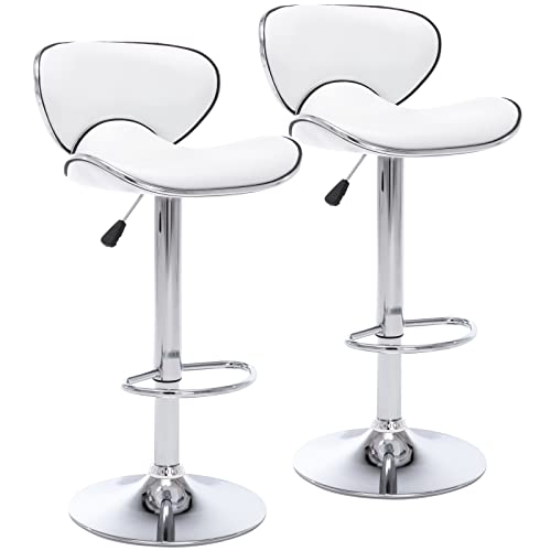Vogue Furniture Direct PU Leather Adjustable Bar Stools, Modern Swivel Airlift Barstools with Back, Armless Counter Height Chairs for Kitchen Dining Pub Cafe Set of 2 (Pearl White)