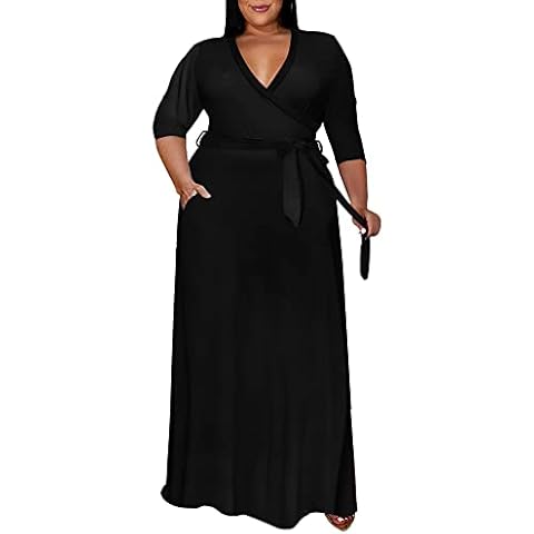 Runwind Plus Size Dress for Women - 3/4 Sleeve V Neck Maxi Dresses for Women Black 3XL Cover