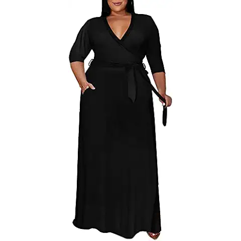 Runwind Plus Size Dress for Women - 3/4 Sleeve V Neck Maxi Dresses for Women Black 3XL Cover