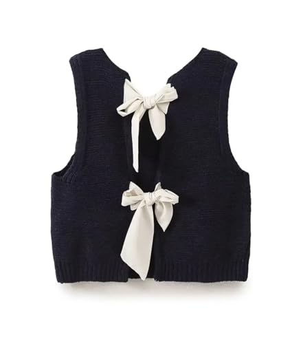 Image of Women's Back Tie Bow Knit Sweater Vest Casual Tops Y2K Sleeveless Crew Neck Knit Vest