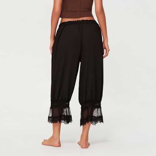 Image of KOSUSANILL Women Long Bloomer Pants Lace Trim Ruffle Pantaloons Cropped Lounge Pajama Bottoms Y2K Capri Pettipants