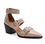 Beast Fashion Women's Buckled Heeled Shoes Block Heel Pumps Pointed Toe Heels Comfortable Closed Toe Dress Wedding Shoes, Taupe, 8.5