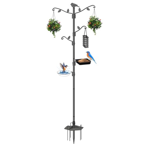 4-Hook Bird Feeding Station Kit Bird Feeder Poles,75in Shepherd Hooks for Feeder Stand, Wild Bird Feeder Hanging Kit Planter Hanger with Metal Suet Feeder|Birds Bath|Mesh Tray,Lanterns,Wind Chimes