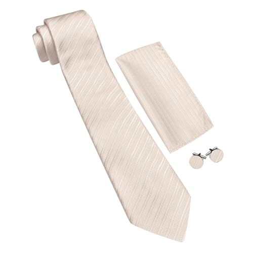 Image of Barry.Wang Solid Striped Tie for Men Silk Necktie Pocket Square Cufflinks Formal Wedding Party Business