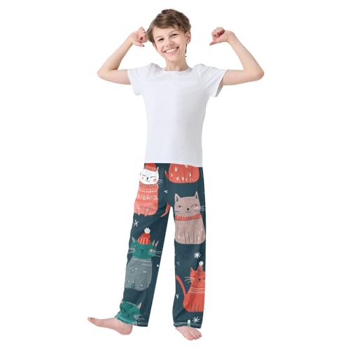 Cat Xmas Snowflake Boys Long Pants Soft Trousers Elastic Waist Kids Lounge Bottoms with Pockets S-XL3