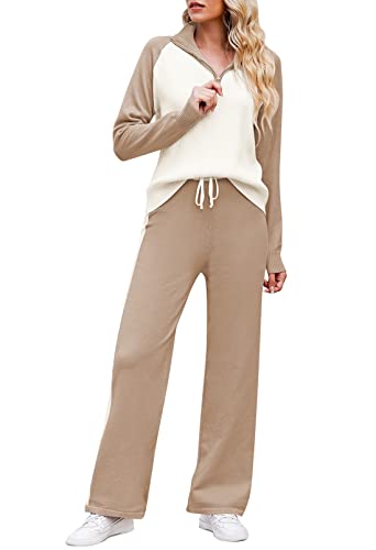 Fixmatti Women 2 Piece Knit Outfits Sweatsuit Colorblock Sweater Top and Long Pant Set Pajamas Suit Khaki L