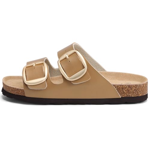 Image of KIDMI Women's Cork Footbed Slide Sandals Comfortable Arch Support Outdoor Sandal with Big Adjustable Buckle for Summer