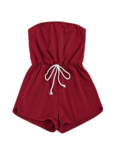 Milumia Women Strapless Drawstring High Waist Jumpsuit Sleeveless Solid Tube Romper Burgundy Medium