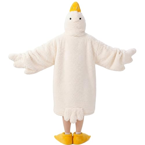 Goose Blanket Hoodie Onesie Oversized Wearable Hoodie Blanket with Sleeves Goose Duck Costume Pajamas for Kids Adults (White S)