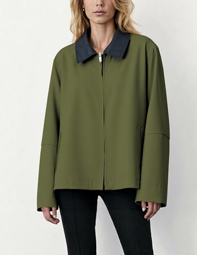 Casual Long Sleeve Zip Up Jacket Coat PU Collar Contrast Outwear Lapel Pockets Loose Coats Shacket2