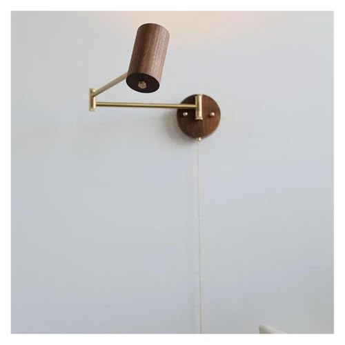 Applique da Parete A LED in Stile Nordico Moderno - Braccio Oscillante in Rame E Legno di Noce, Elegante Complemento D'Arredo per Bagno E Camera da Letto, Lampada D,Pull Chain Switch