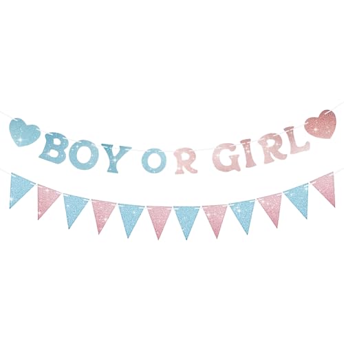 SerpizePaty Boy or Girl Banner Gender Reveal Decorations Pre-Strung Glitter Baby Gender Reveal Sign No DIY He or She Party Decor for Girl Boy Shower Photo Backdrop Props Supplies
