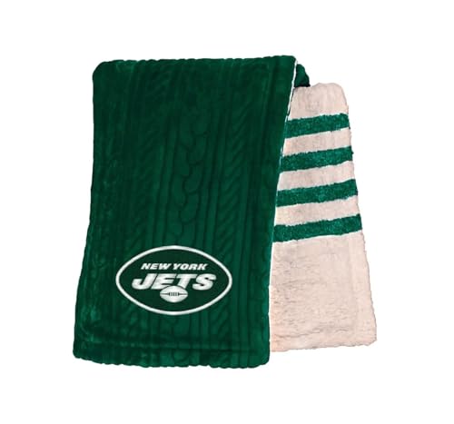 Pegasus Sports NFL Cable Knit Embossed Logo with Sherpa Stripe Blanket- New York Jets 60 X 70 Team Colors