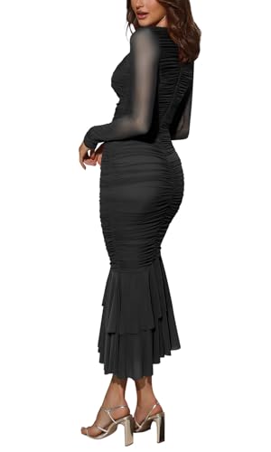 Atizon Women's Ruched Bodycon Long Sleeve Square Neck Wedding Guest Dress Formal Mermaid Evening Cocktail Party Maxi Dresses4