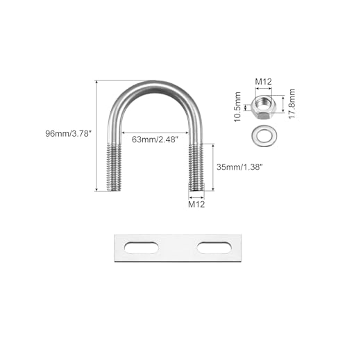 Image of uxcell Round U-Bolts, 2 Sets 63mm(2.48 inch) Inner Width 96mm Length M12 304 Stainless Steel U Clamp Bolt with Nuts Washers and Plates, for Boat Trailer