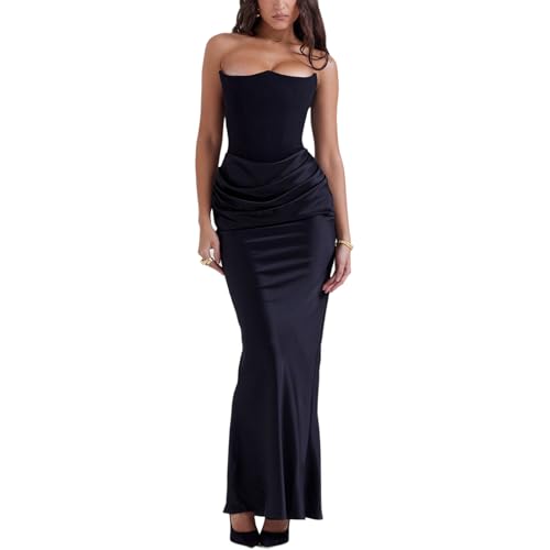 cffvdiz Sexy Corset Wrap Maxi Kleid Sommer Ärmellose Schlanke Formale Kleider,Schwarz,M