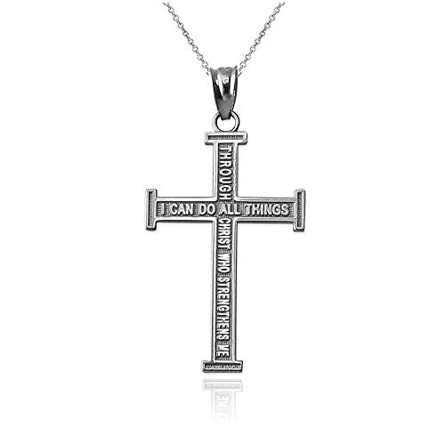 LA BLINGZ 10K White Gold Reversible Christian Cross Pendant Necklace