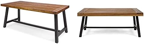 Christopher Knight Home Carlisle Outdoor Dining Table with Iron Legs, Sandblast Finish/Rustic Metal & 304571 Carlisle Outdoor Acacia Wood Coffee Table, Sandblast/Rustic Metal
