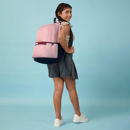 Image of Tommy Hilfiger Ultra-Lightweight School Backpack Trote - Blush Pink+Navy | Large 3-Compartment Student Bag with Extra Accessory Pouch | Soft File Sleeve & Water-Resistant Twill | 34L Capacity