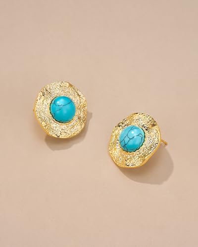 Gold Turquoise Round Button Hammered Daisy Sunflower Floral Chunky Statement Earrings for Women by SNGIA, Bold Handmade Exaggerated Dome Retro Rounded Trendy Flower Bohemian Natural Stone Stud Jewelry Gifts, Unique Vintage Baroque Teal Gemstone Spring Summer Beach Fashion Earrings Accessories, Thick Circular Nickle Free Huggies Earrings.3