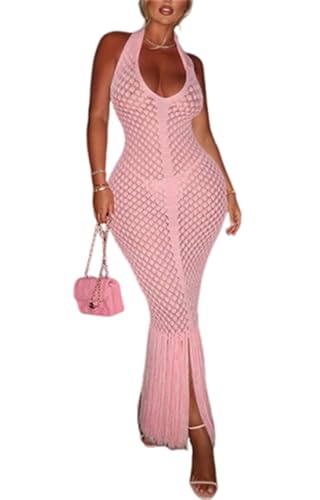 Women's Crochet Bodycon Maxi Dress Sexy Halter Backless Knit Fringe Party Club Long Dress Summer Beach Vacation Cover Up