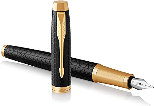 Parker Pen IM Premium Metal Fountain Pen - Matte Black with Diamond Pattern - Gold Trim - Fine Nib - Black Ink - Gift Boxed