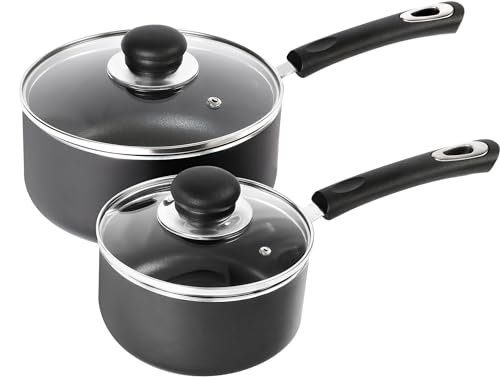 Utopia Kitchen Nonstick Stock Pot Saucepan Set with Lids, 1.5 Quart and 2 Quarts Multipurpose Stock Pots Set for Home, Kitchen or Restaurant, Grey & Black