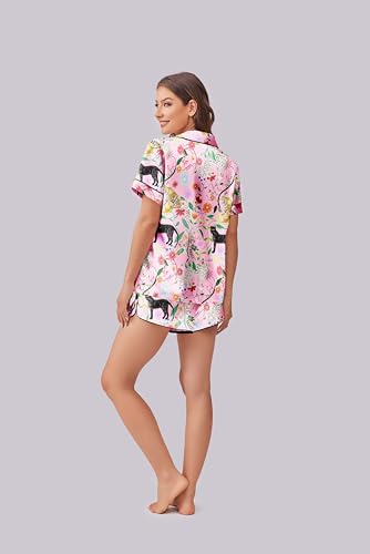 Image of Ekouaer Womens Silk Satin Pajama Set Print Short Sleeve Sleepwear Button Down Pjs Shorts Set Loungewear