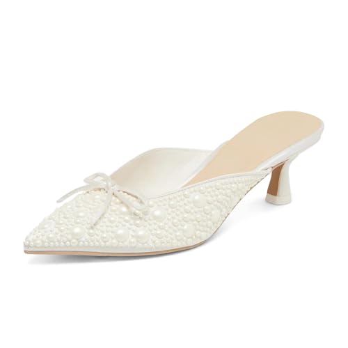 Image of Women Kitten Heel Mules Crystal Flower Decor Mesh Pointed Toe Low Heel Casual Pumps