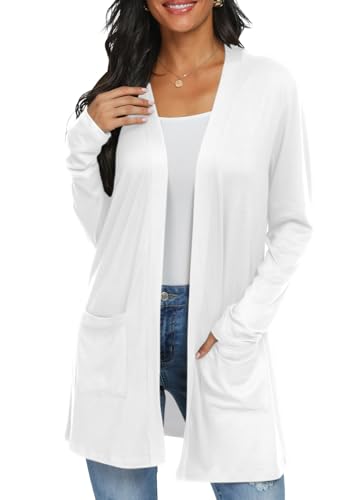 QIXING Womens Lightweight Long Cardigan with Pockets,White,2XL