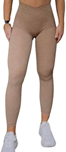 Women's Buttery Soft 7/8 V-Waist Leggings, Cross Waist High Waist Gym Yoga Leggings Tan