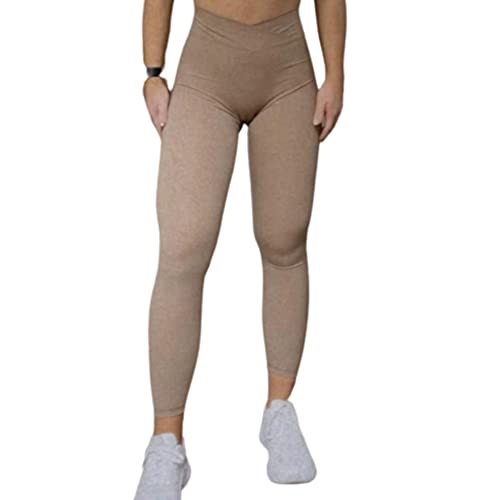 Women's Buttery Soft 7/8 V-Waist Leggings, Cross Waist High Waist Gym Yoga Leggings Tan #TOP1