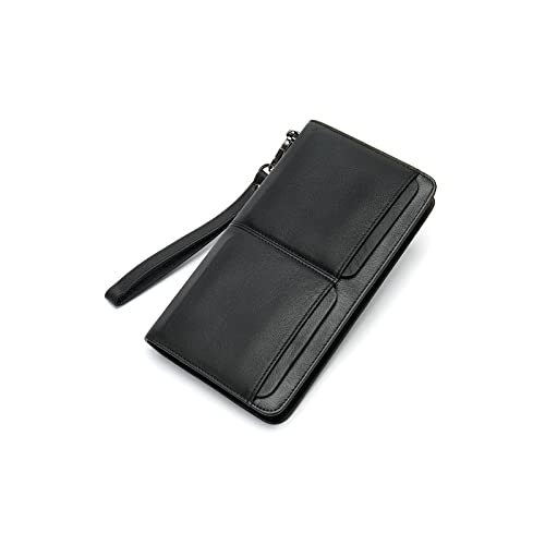 PORRASSO Leather Wallet Men's Clutch Bag Card Holder Cell Phone Purse Long Wallet with 11 Card Slots Black