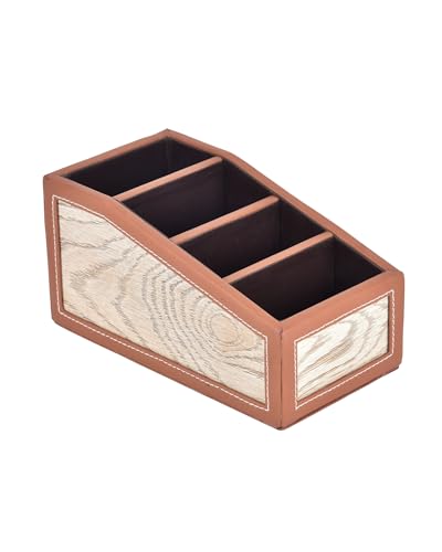 Image of Premsons Classic Remote Holder - 4 Section Tabletop Organizer in Light Brown | Faux Leather with Refined Wooden Finish | Decorative & Practical Organizer - Orange