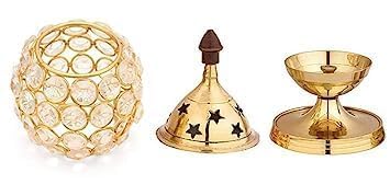 Image of Brass Diwali Diya Crystal Oil Lamp 6 and 5 Inch Pack of 2| Akhand Diya for Pooja, Mandir & Home Dcor | Borosilicate Glass Batti Lamp with Wick Holder & Golden Lid | Light for Festive & Gifting