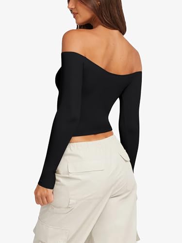 LASLULU Womens Sexy Off The Shoulder Long Sleeve Workout Tops Strapless T Shirts Crop Top Casual Fall Outfits4