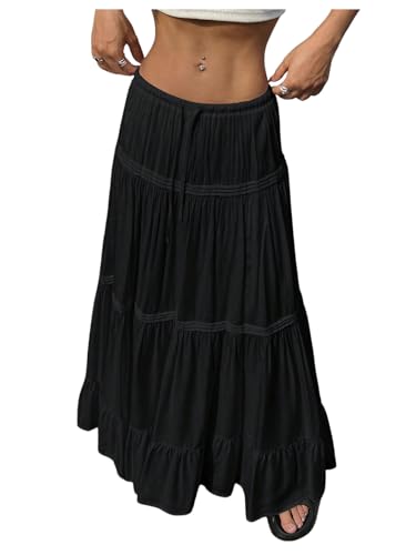 SHENHE Women's Elastic High Waisted A Line Pleated Shirring Midi Long Skirt