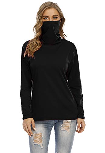 Runant Womens Mask Attached Long Sleeve Tops Shirts Blouse with Face Mask Bandana Black