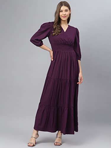 Image of Femvy Women's Fit and Flare Maxi Dress Rayon 3 /4 Sleeve Solid V-Neck Evening Dress 751