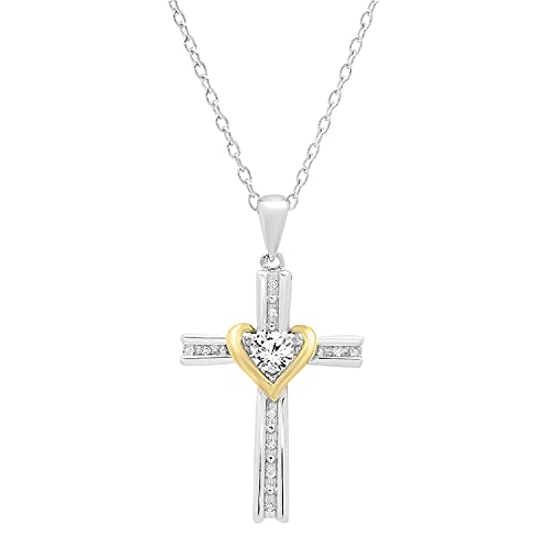 Colgante Dazzlingrock Collection con zafiro blanco y diamante blanco redondos de 4 mm y cadena de plata de 18 pulgadas para mujer, en oro blanco y amarillo de 10 quilates (diseño bicolor).