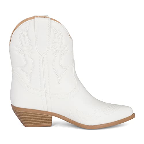 BUCK Women's Western Cowboy Ankle Boots – Pointed Toe, Low Stacked Heel, Slip-On, Stitched Design, Synthetic PU, Comfortable Cowgirl Booties for Western Fashion/Outdoor Wear2